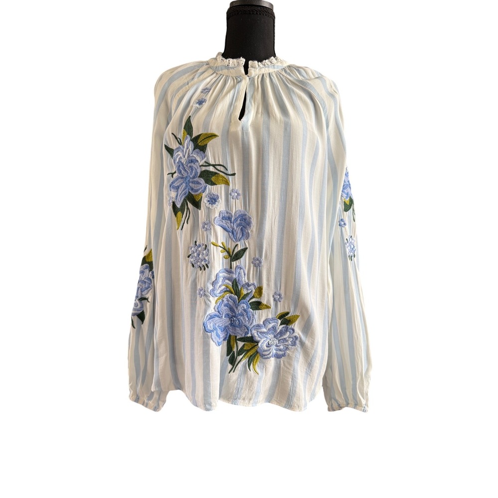 Akemi + Kin Anthropologie Striped‎ Floral Embroidered Boho Blouse Size S Cottage